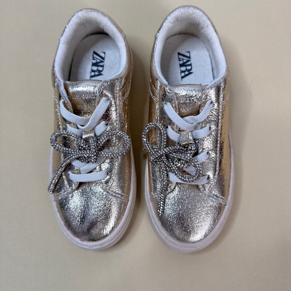 Zara Metallic Gold Rhinestone Bow Sneakers Kids Size 30 Excellent 3428/230/303 - Picture 3 of 5